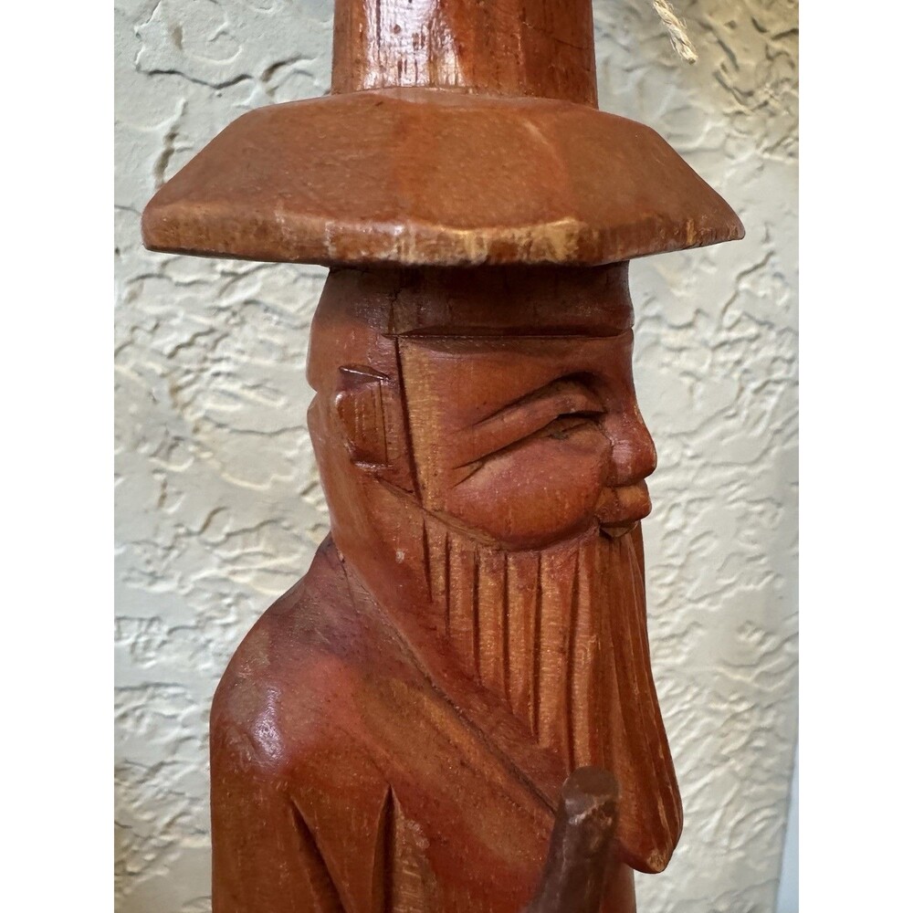 Asian Hand Crafted Vintage Wood Man with Walking Stick Figure Sculpture Folk Art